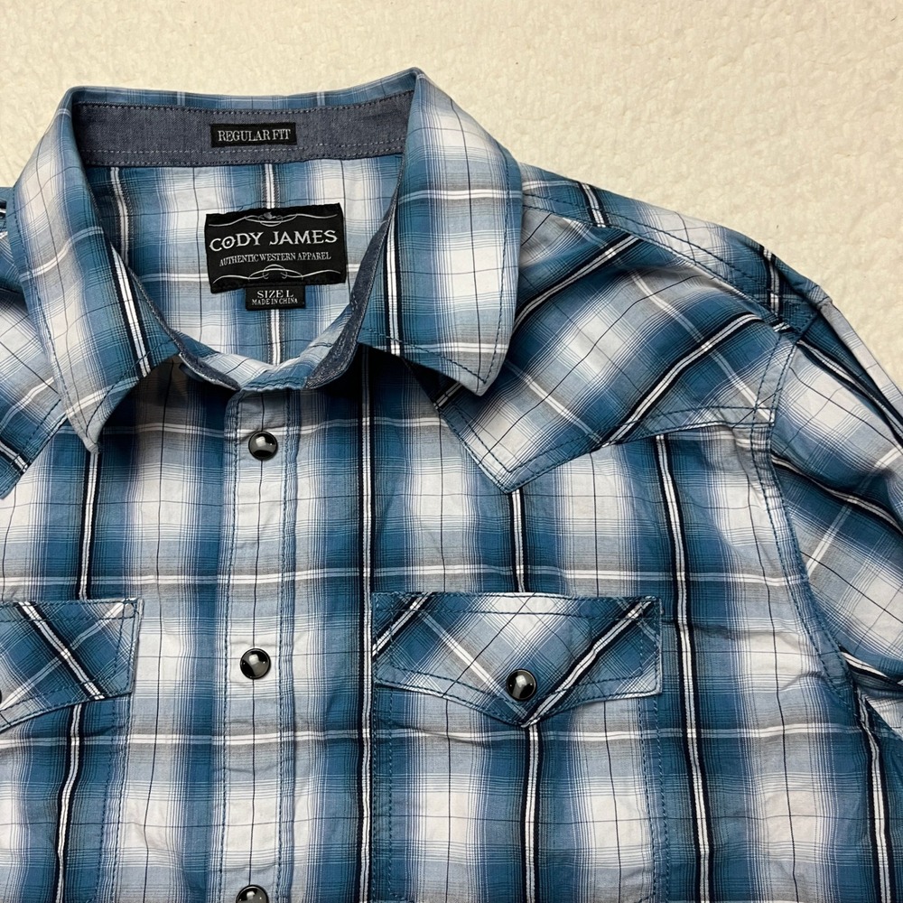 Cody James Western Shirt Mens L Blue Plaid Pearl Snap Regular Fit Long Sleeve